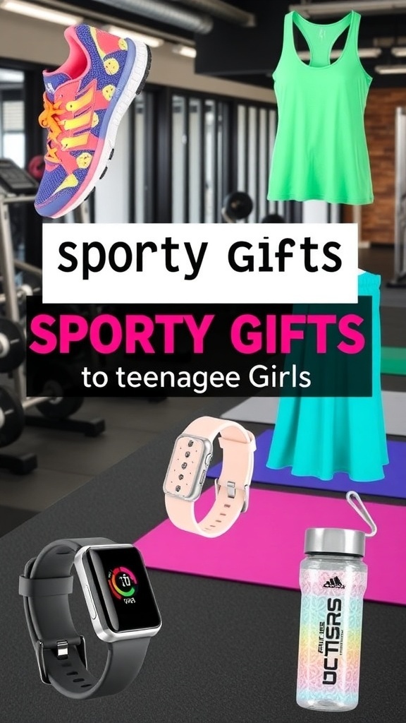 A collection of sporty gifts for teenage girls including shoes, workout clothes, and fitness gadgets.